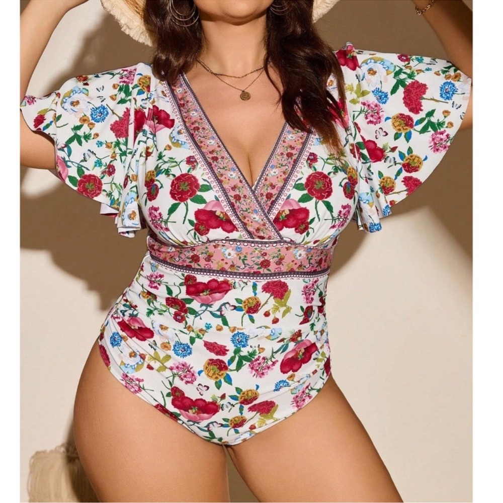 Boho Floral Print V Neck Ruffle Sleeve One Piece Swimsuit Monokini 1X 2X 3X 4X